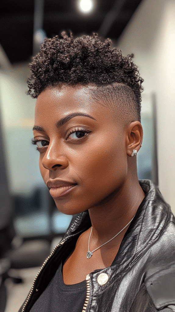 Short mohawk fade with curls on top and faded sides.