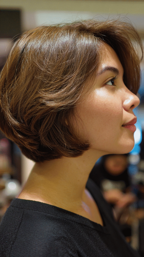 Short stacked bob with angled silhouette and volume.