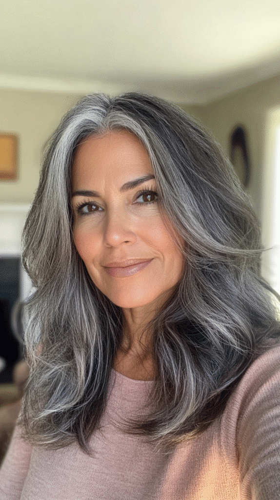Shoulder-length wavy hairstyle with naturally growing gray streaks.