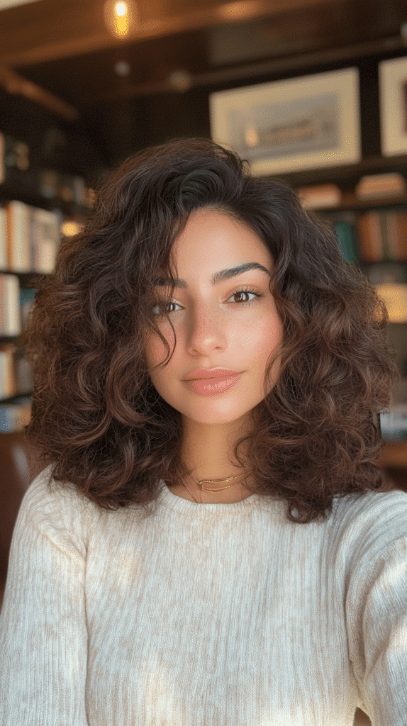 Side-swept curly hairstyle with volume concentrated on top