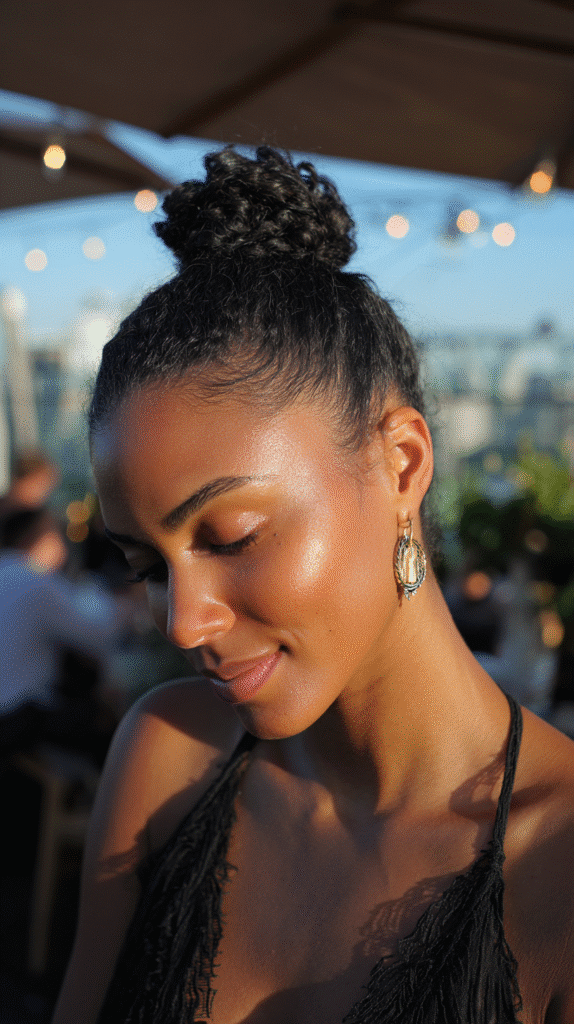 Woman sporting a sleek bun positioned stylishly on one side.