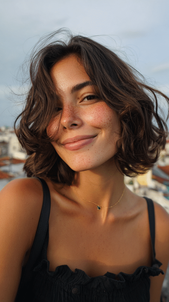 Side-parted wavy bob with voluminous soft curls.