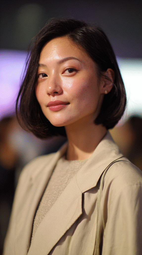 Sleek bob with a deep side part and polished texture.