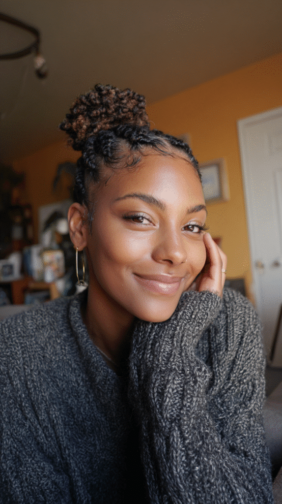 Woman with Marley hair extensions styled into a textured, full bun.