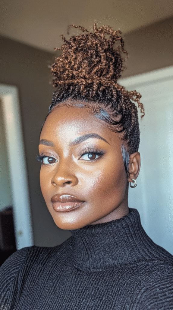 Woman with 4C hair slicked into a bun with a natural puff finish.