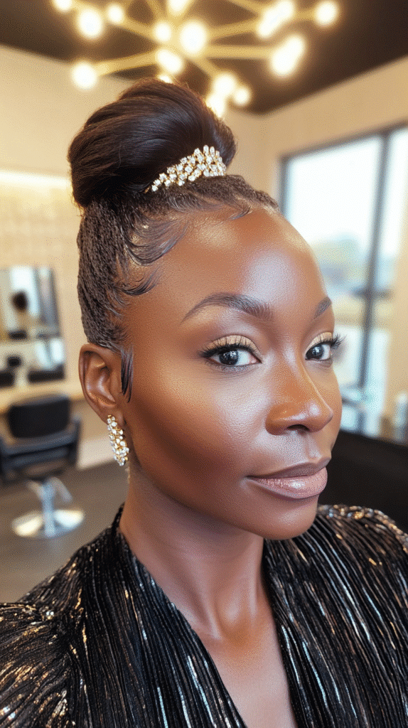 Woman with a slick bun decorated with rhinestone pins.