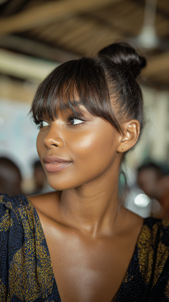 Woman with soft bangs and a sleek bun.