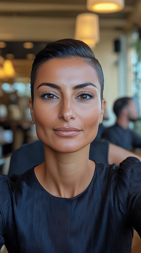 A 42-year-old woman with a short slicked-back cut, photographed on a rooftop bar.