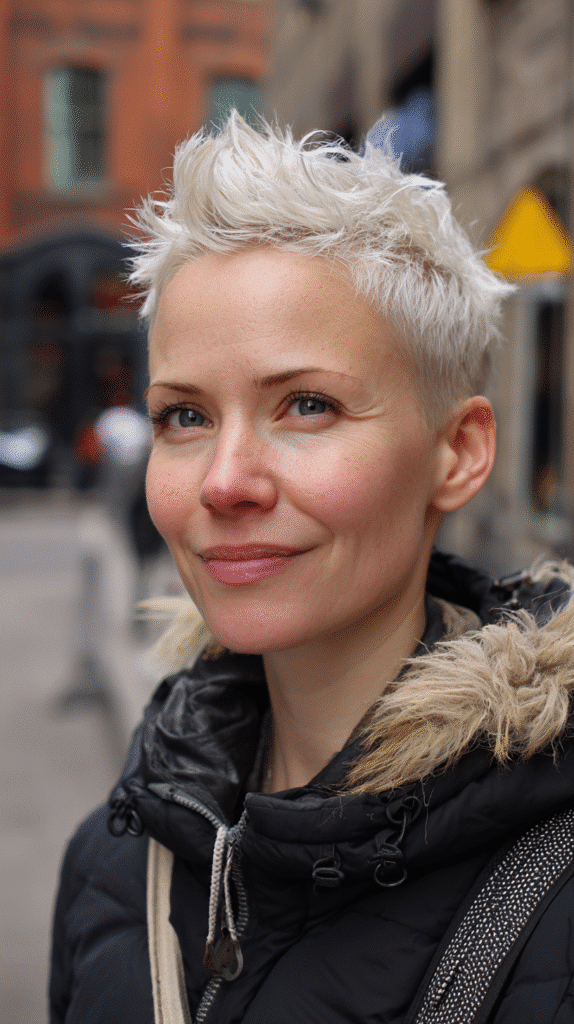 A 34-year-old woman with a spiky platinum blonde crop, captured on a city street with focus on the bold texture.