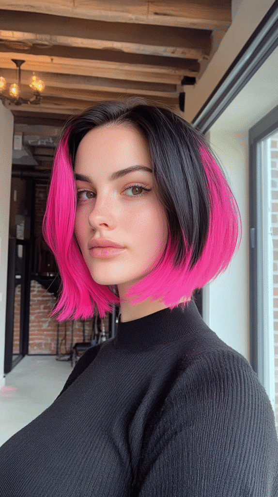 A 27-year-old woman with a bob haircut dyed half pink and half black, inside a trendy loft apartment.
