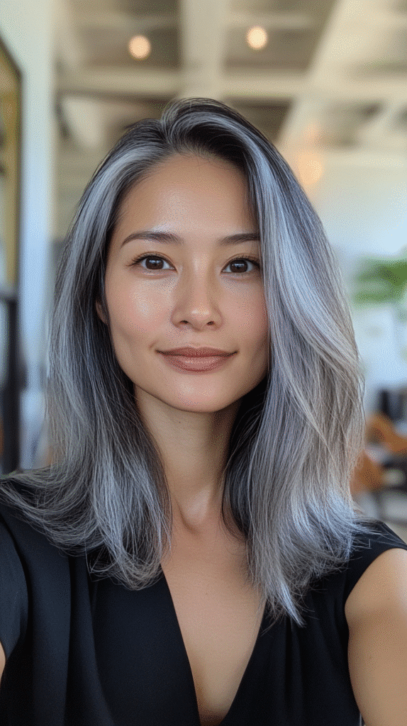 Straight long bob (lob) with subtle gray babylights.