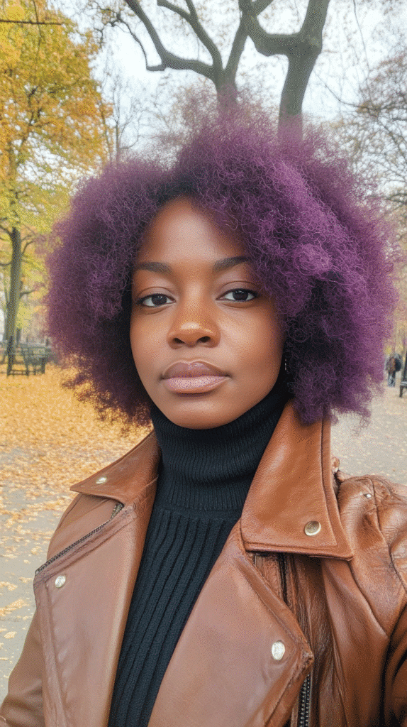 A 38-year-old woman with a super cropped afro dyed purple, shown in an urban park setting.