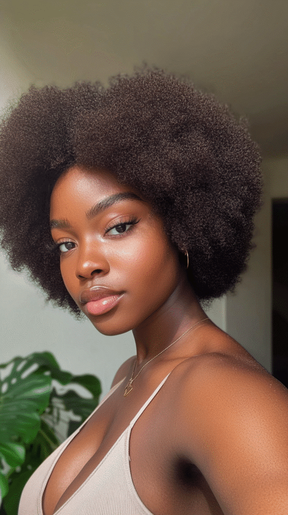 Tapered afro with close-cropped sides and fuller top.