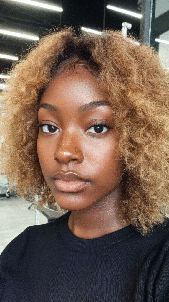 Black woman with a choppy, layered shag cut in blonde for a rock-inspired textured look.