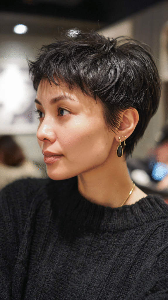 Textured pixie cut with choppy layers and tousled finish.