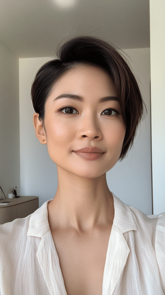 A 35-year-old woman with a textured pixie cut swept to one side, pictured in a minimalist office.