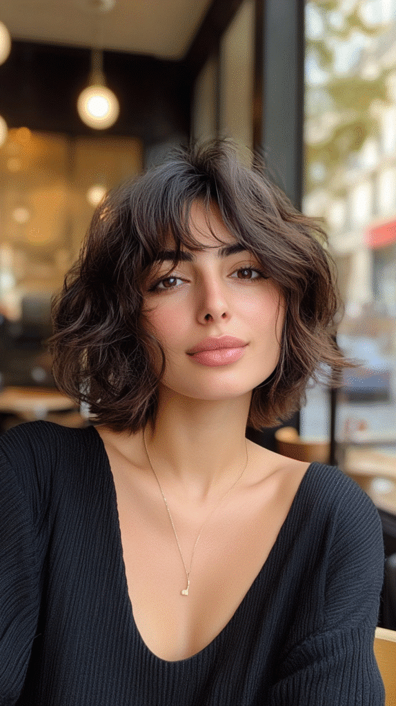 A 32-year-old woman with a tousled French bob and choppy bangs, seated in a Parisian cafe with focus on the textured bob.