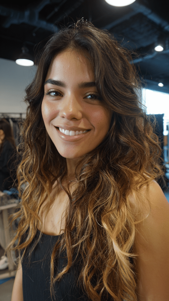 Tousled shoulder-length curls with highlighted tips for added dimension