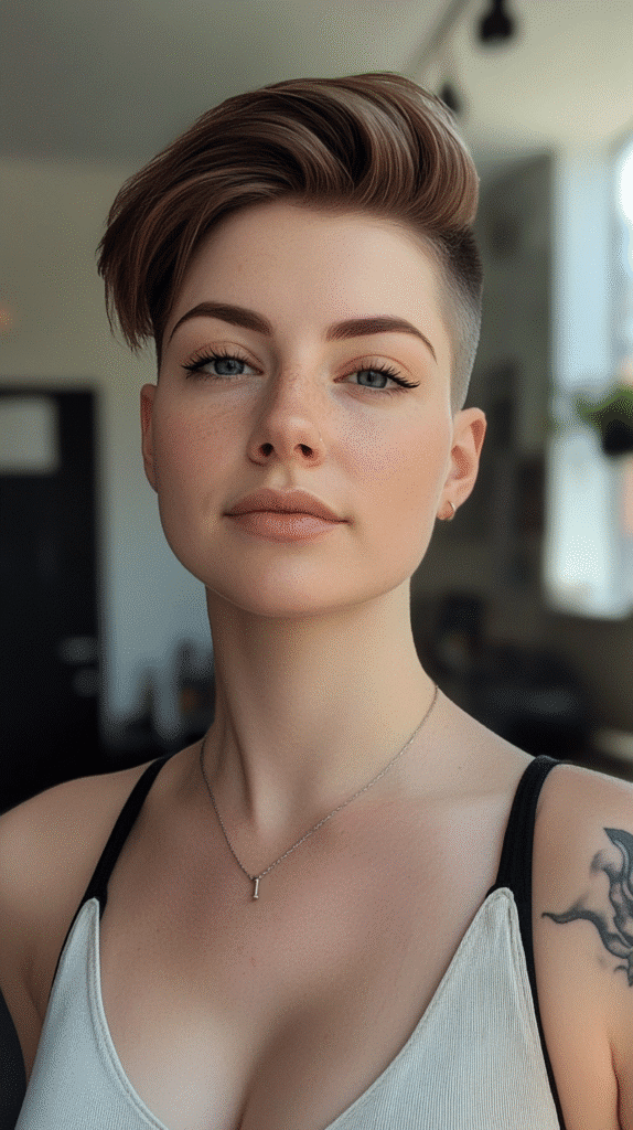Undercut pixie with shaved sides and voluminous top.
