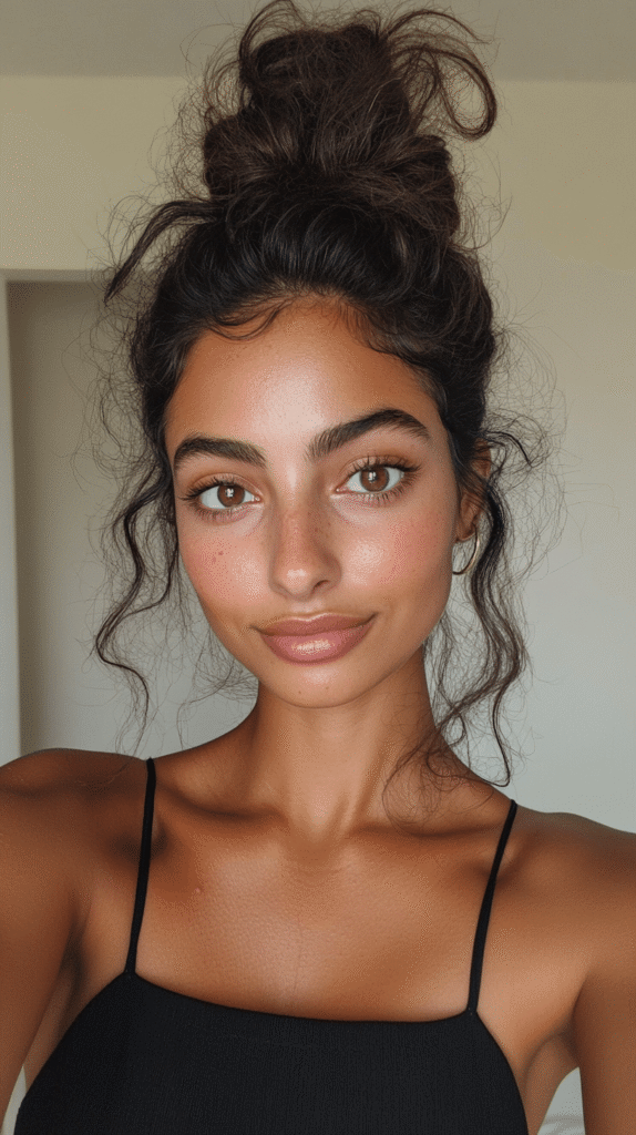 Voluminous curly top knot with loose face-framing tendrils