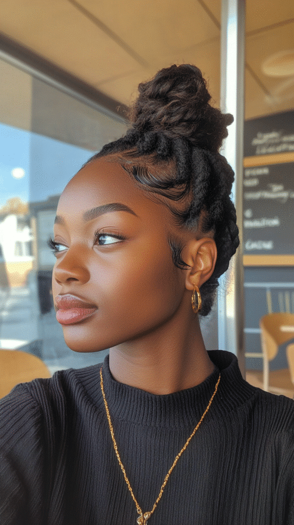 Woman with a sleek bun and softly waved front pieces slicked back.