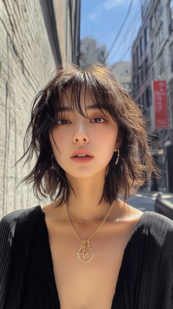 Wolf cut with layered, shag-meets-mullet style.