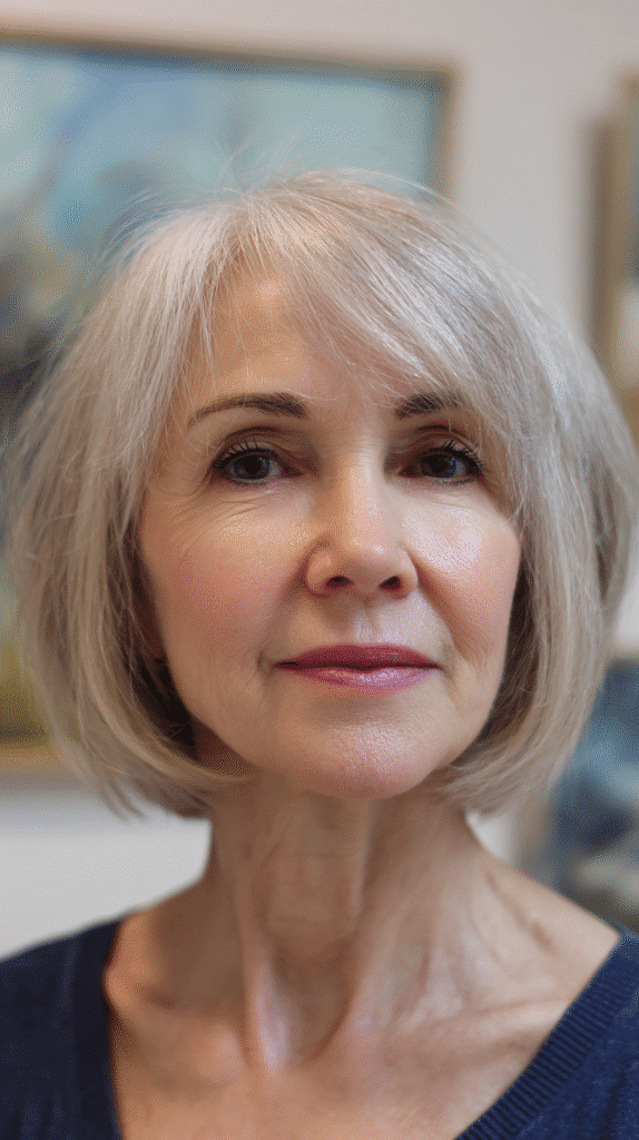 Woman with an A-line bob that gradually angles from back to front for natural movement.