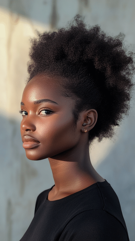 Senegalese woman with afro puff pulled into a voluminous side ponytail showing natural texture.