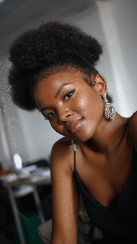 Woman featuring a voluminous afro puff updo with defined natural texture.
