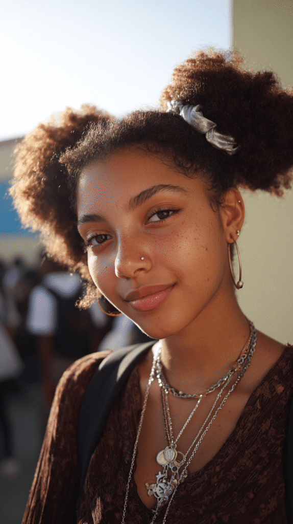 A young Black woman wearing large afro puffs tied with vibrant scrunchies, radiating fun and energy.