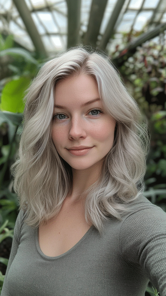 Woman with ash blonde hair featuring silver undertones in soft waves.