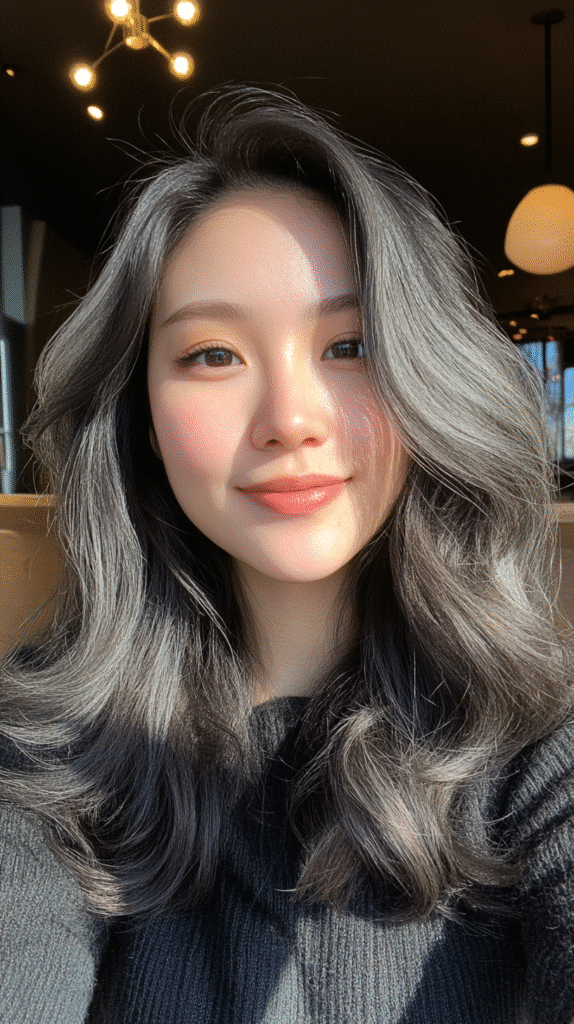 A woman with jet black hair styled in subtle ash grey babylights, captured in soft lighting to highlight the cool tones.