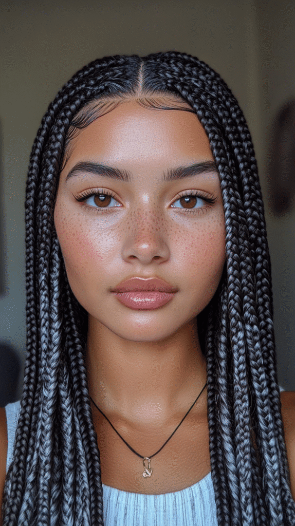 Dark braided hair woven with ash grey highlights for a bold, textured look.