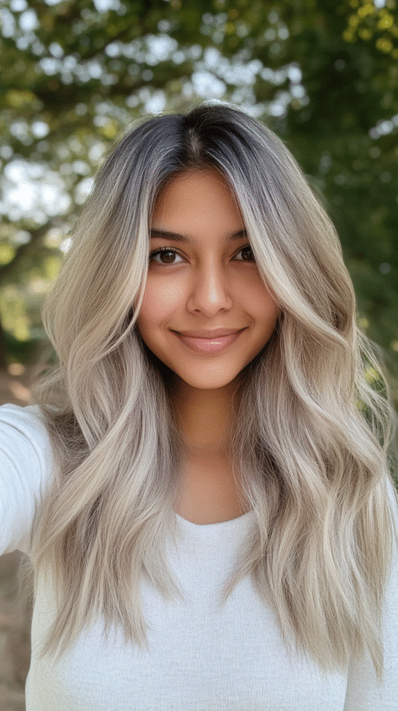 Woman with ashy grey blonde balayage and loose, flowing waves.