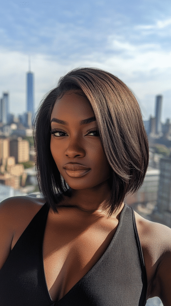 African-American woman with a straight asymmetrical bob wig in front of a city skyline.
