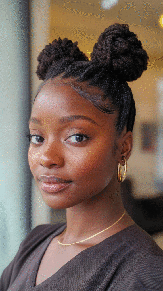 African-American woman with a Bantu knot at the crown transitioning into a flowing side ponytail.