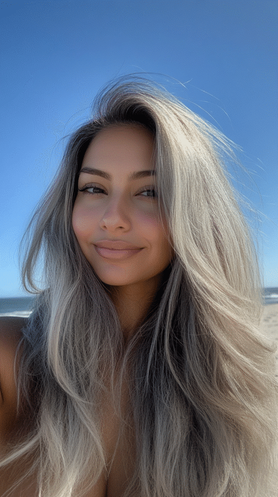 Woman with tousled grey blonde beachy layered hair.
