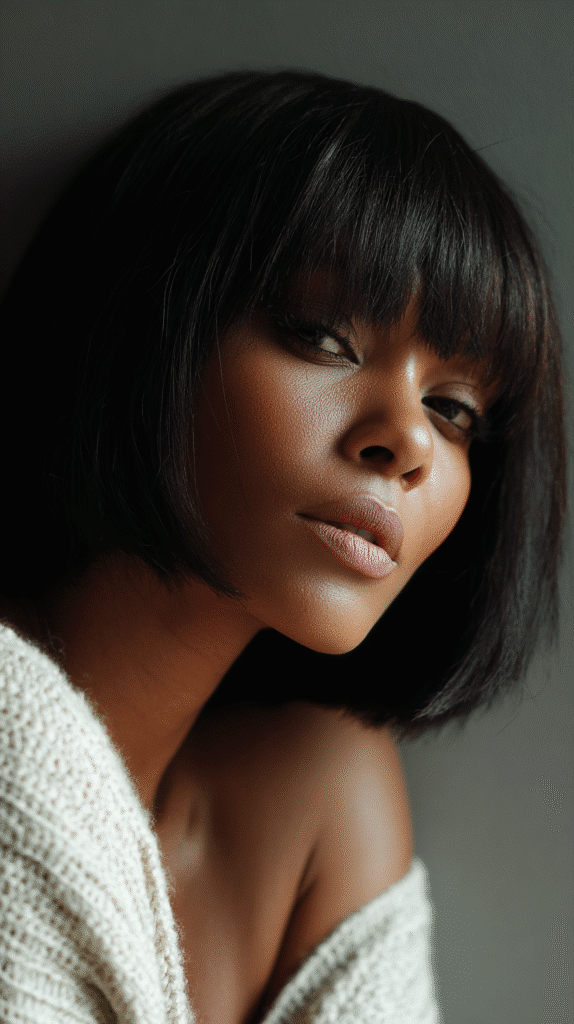 African-American woman with a blunt cut bob and straight bangs in a minimalist indoor studio.