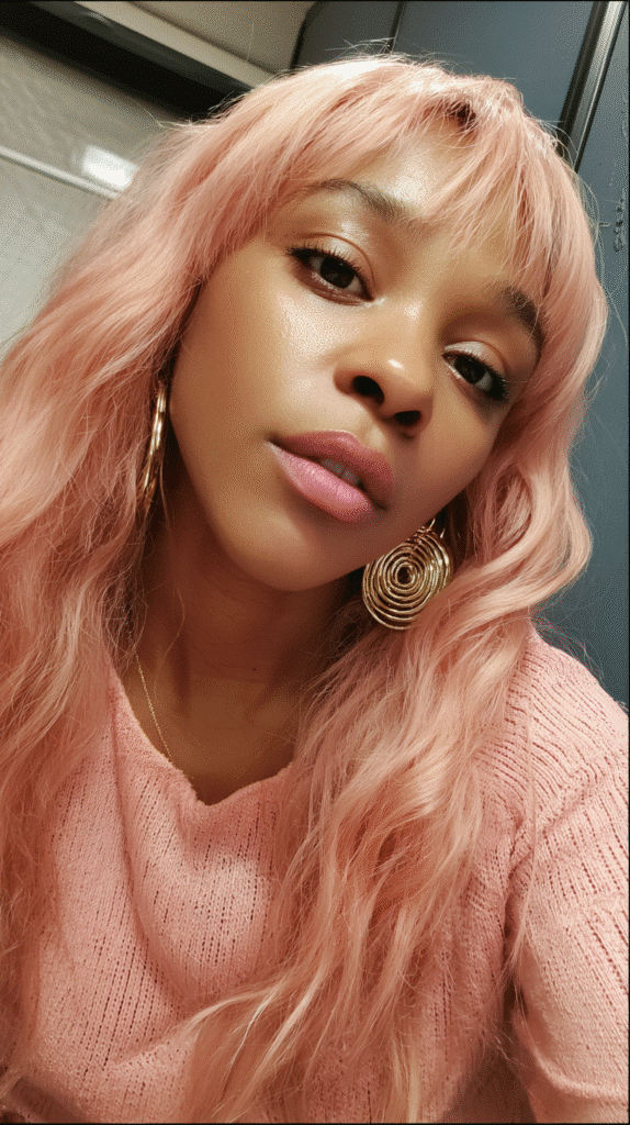 Woman in a sleek blush pink wig, styled straight for a polished, trendy look.