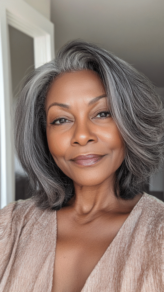 Woman with a bob haircut and feathered layers for softness and dimension.