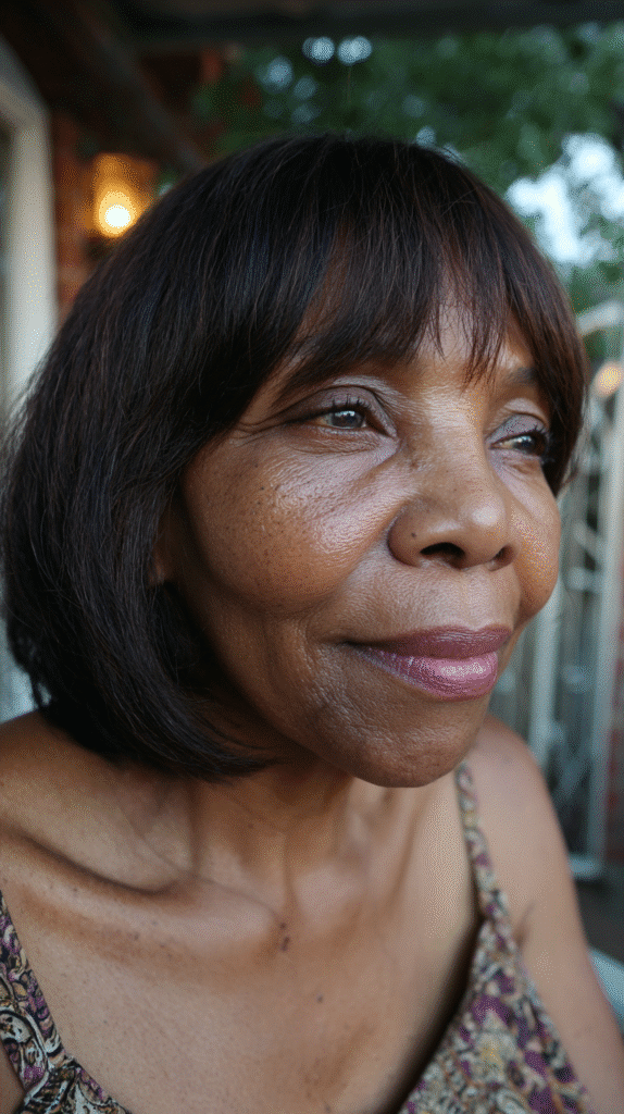 Woman with a bob and side-swept bangs, softly framing the face.
