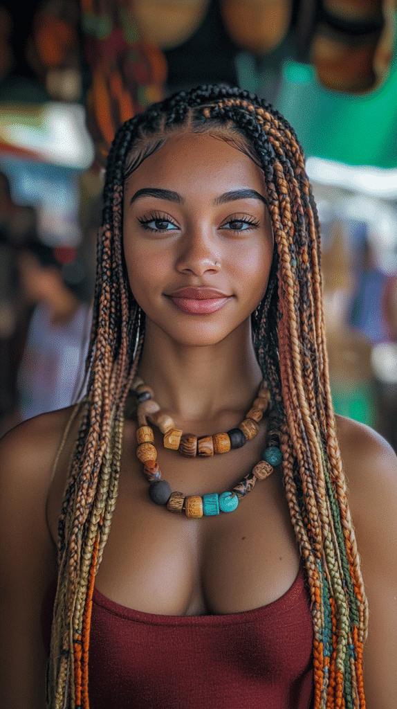 Afro-Latina woman wearing a box braid wig decorated with wooden beads at an outdoor craft market.