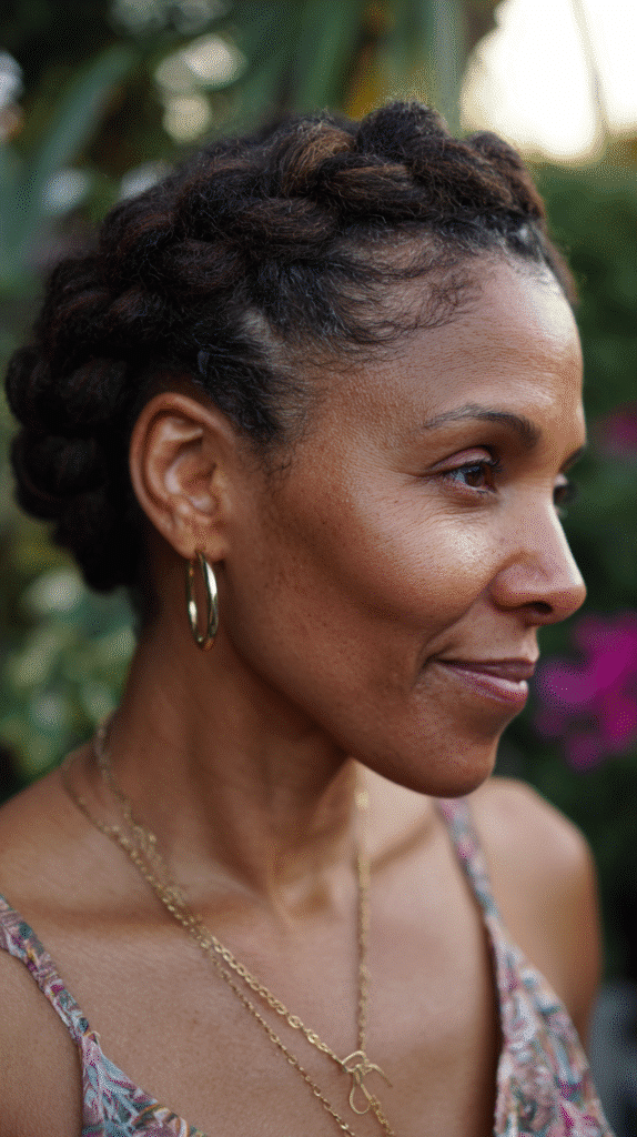 Woman wearing a halo-style braided crown updo, styled neatly around the head.