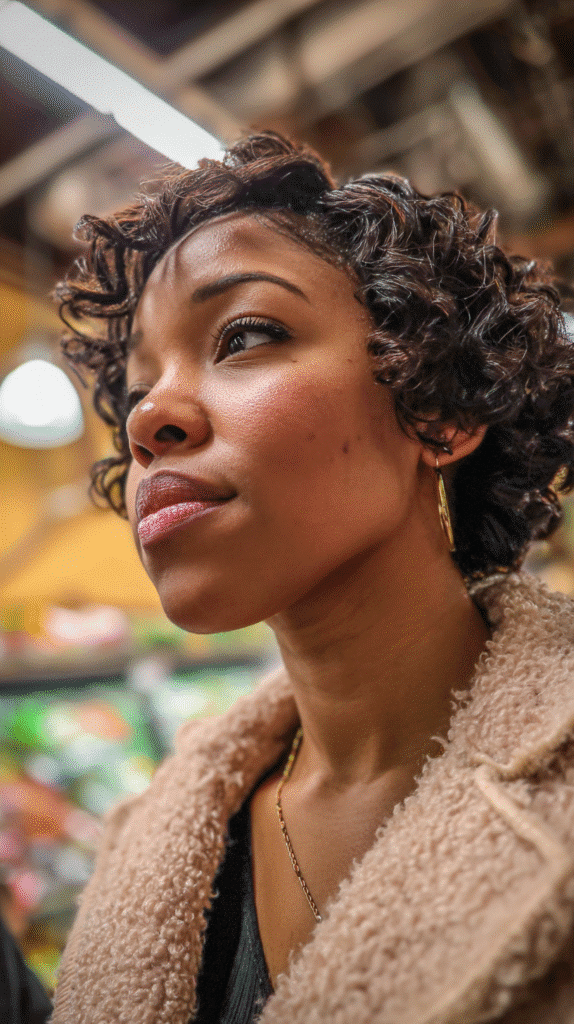 African-American woman with a braided lace frontal wig styled in cornrows, exploring a cultural museum.