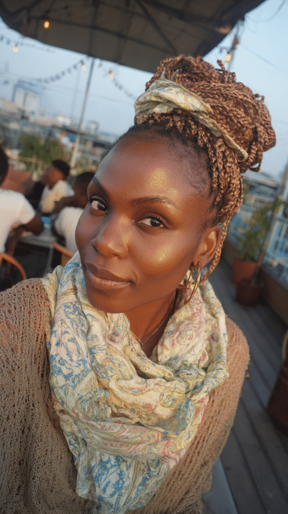 A Black woman with a braided top knot wrapped in a printed scarf, exuding style and confidence.

