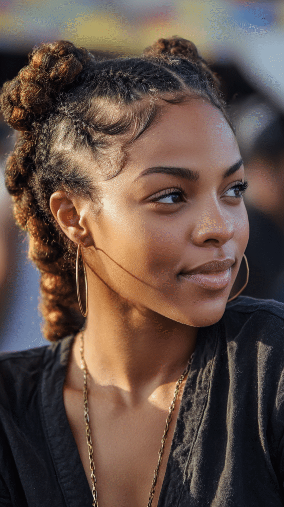 A Black woman with bubble braids and creative baby hair designs, perfect for playful styling.