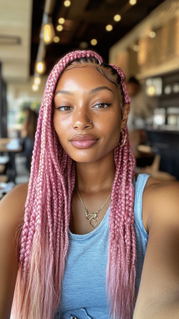 Woman with neat bubblegum pink cornrow braids styled in a protective pattern.