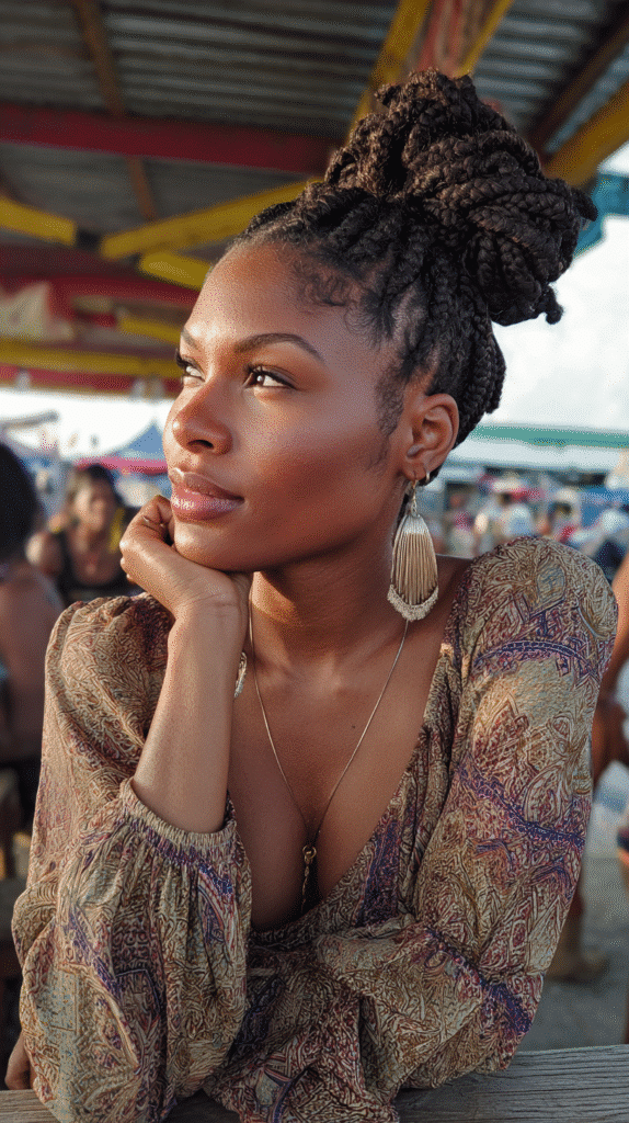 Woman with thick butterfly braids styled into a full updo.