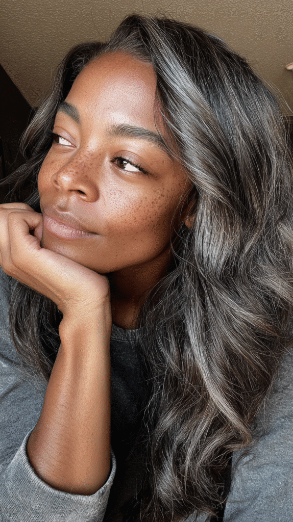 Espresso-colored hair styled with a seamless charcoal balayage on medium-length layers.