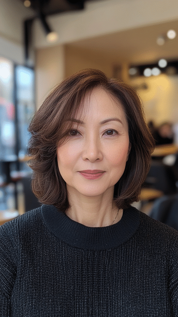 Woman with a choppy bob, featuring light ends for a weightless look.